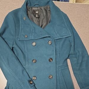 H&M Women's Teal Double-Breasted Pea Coat Size 6